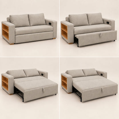 Sofa Cama Multifuncional Con Repisas, Conexión USB y Cama Auxiliar Koni Taupe