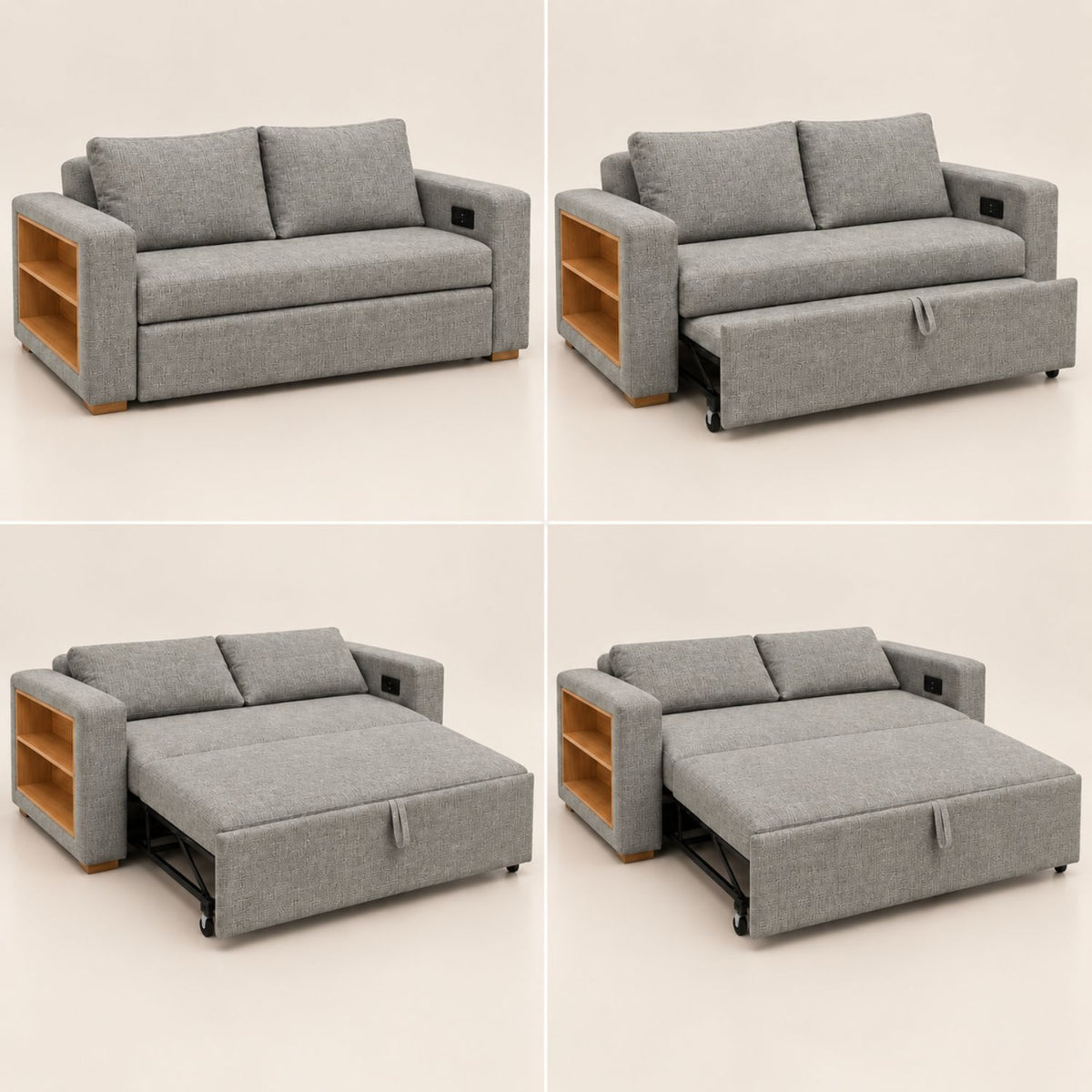 Sofa Cama Multifuncional Con Repisas, Conexión USB y Cama Auxiliar Koni Gris Plomo