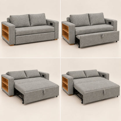 Sofa Cama Multifuncional Con Repisas, Conexión USB y Cama Auxiliar Koni Gris Plomo