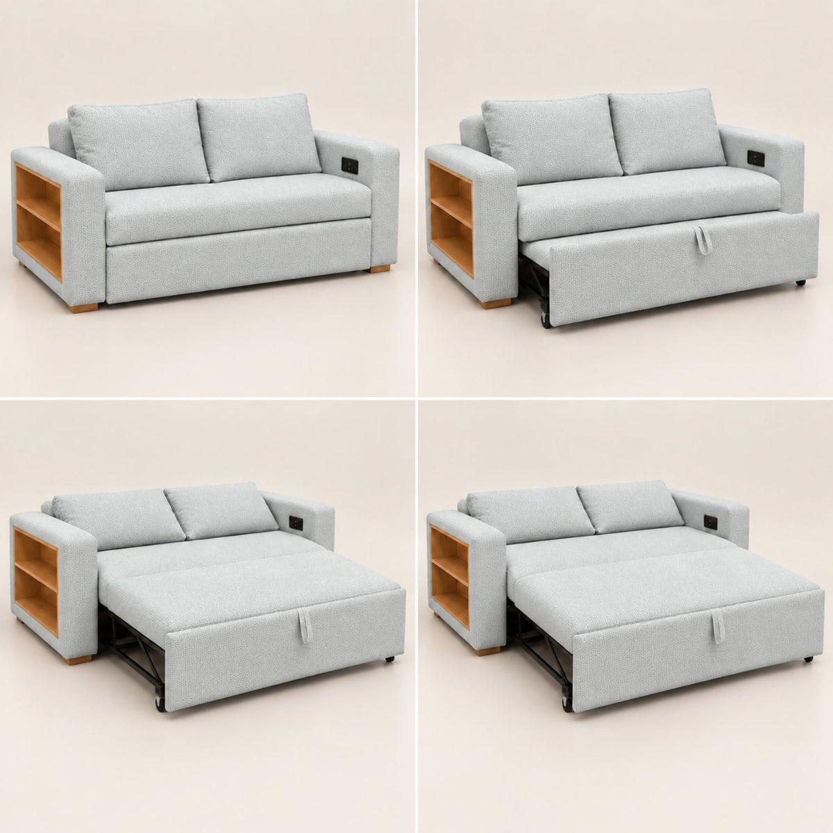 Sofa Cama Multifuncional Con Repisas, Conexión USB y Cama Auxiliar Koni Gris Perla