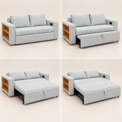 Sofa Cama Multifuncional Con Repisas, Conexión USB y Cama Auxiliar Koni Gris Perla