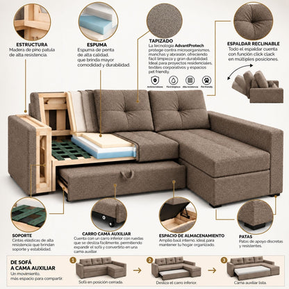 Sofa cama en L Multifuncional Con Baul Gabel Cafe