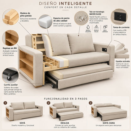 Sofa Cama Multifuncional Con Repisas, Conexión USB y Cama Auxiliar Koni Taupe