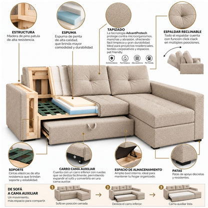 Sofa cama en L Multifuncional Con Baul Gabel Beige