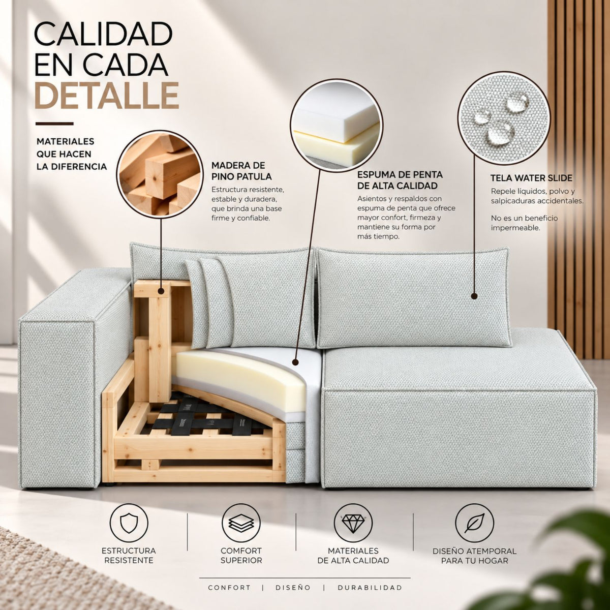 Sofa Modular Nexo En Madera Pino con Tela Premium Gris Perla
