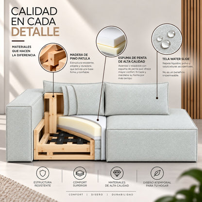 Sofa Modular Nexo En Madera Pino con Tela Premium Gris Perla