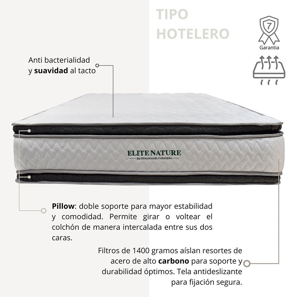 Colchón 2 Pillow Sencillo 100x190 Elite Nature + Base Cama Tapizada Tela Premium Gris