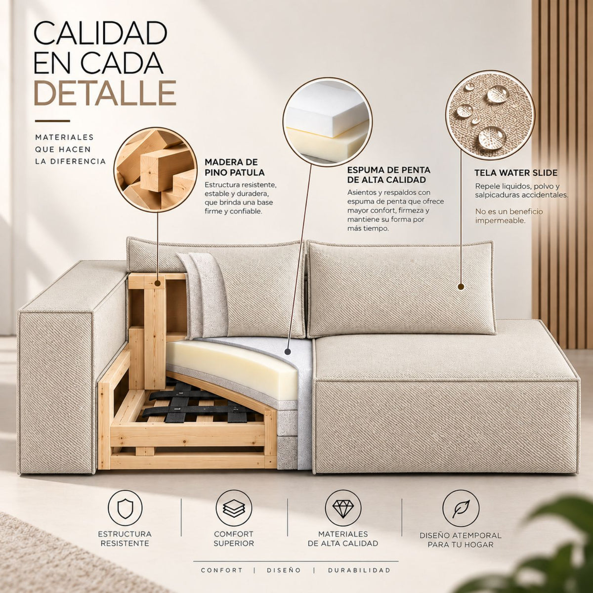 Sofa Modular Nexo En Madera Pino con Tela Premium Arena