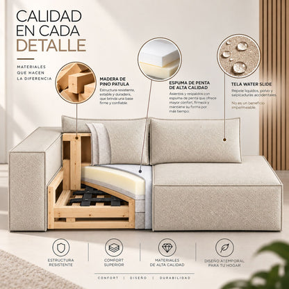 Sofa Modular Nexo En Madera Pino con Tela Premium Arena
