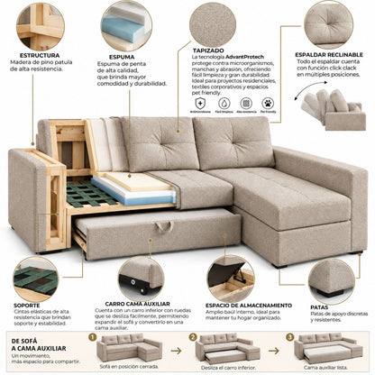 Sofa cama en L Multifuncional Con Baul Gabel Marfil