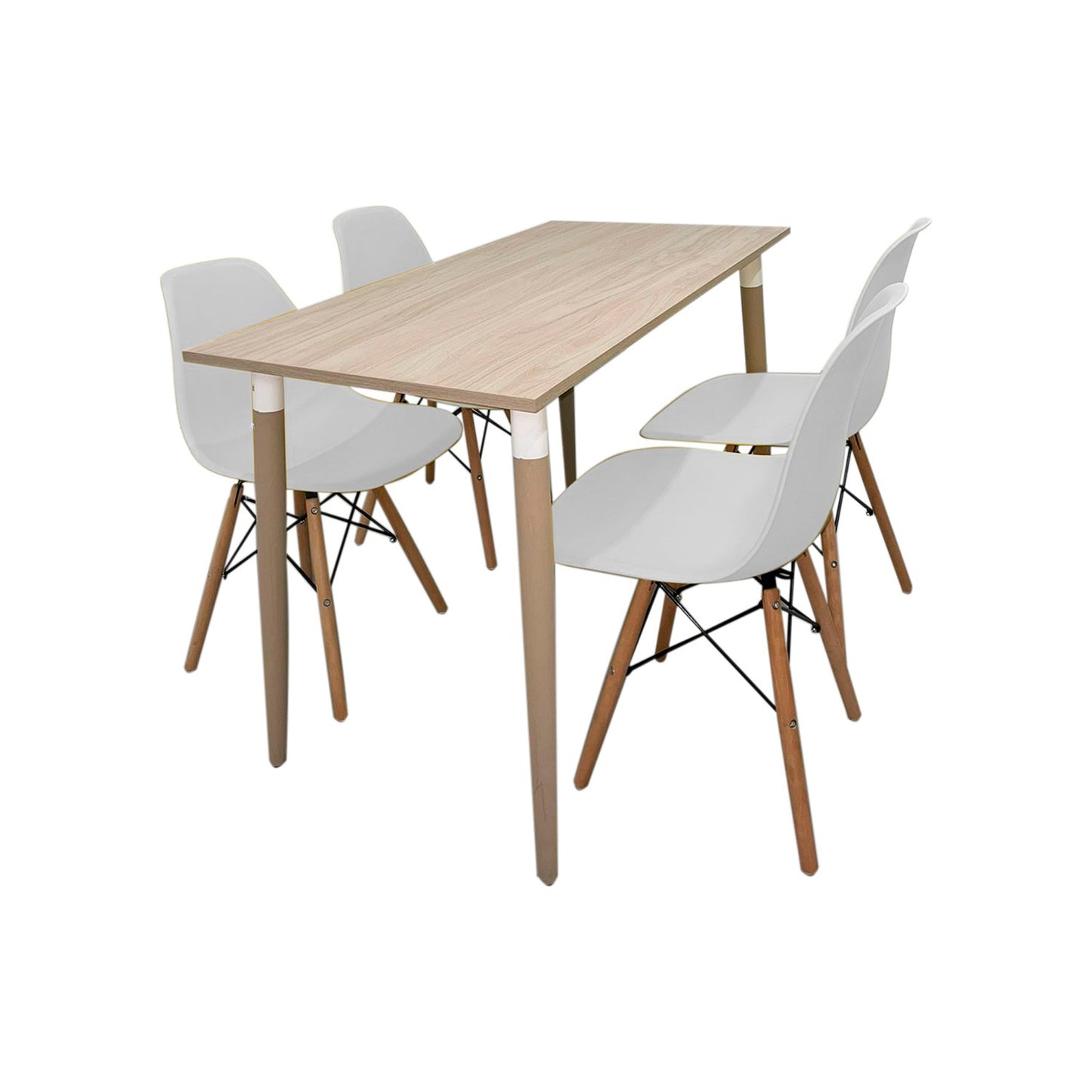 Juego de Comedor Robledo Premium habano con 4 Sillas Eames blancas