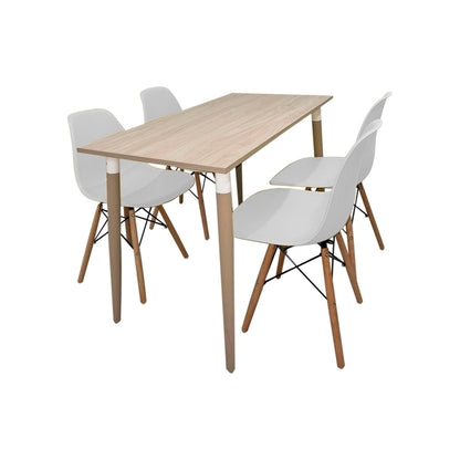 Juego de Comedor Robledo Premium habano con 4 Sillas Eames blancas