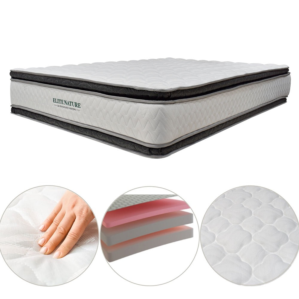 Colchón 2 Pillow King 200x200 Elite Nature + Base Cama Tapizada Tela Premium Gris