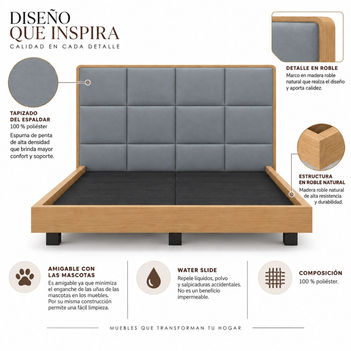 Cama Doble En Roble Taldy Con Mesas de Noche 140x190 Gris