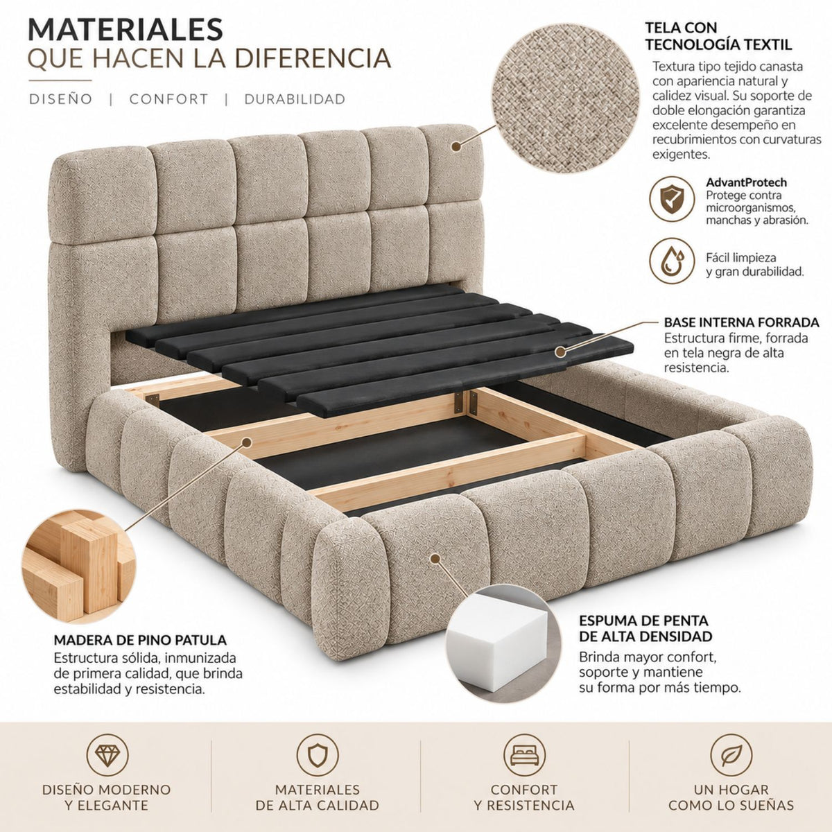 Cama Nube King En Madera Pino 200x200 Marfil