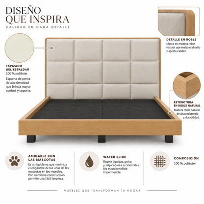 Cama Doble En Roble Taldy Con Mesas de Noche 140x190 Marfil