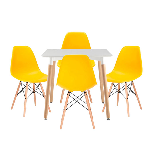 Juego de Comedor White cuadrada con 4 Sillas Eames amarillas