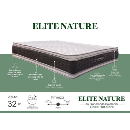 Colchón 2 Pillow Semidoble 120x190 Elite Nature + Base Cama Tapizada Tela Premium Gris