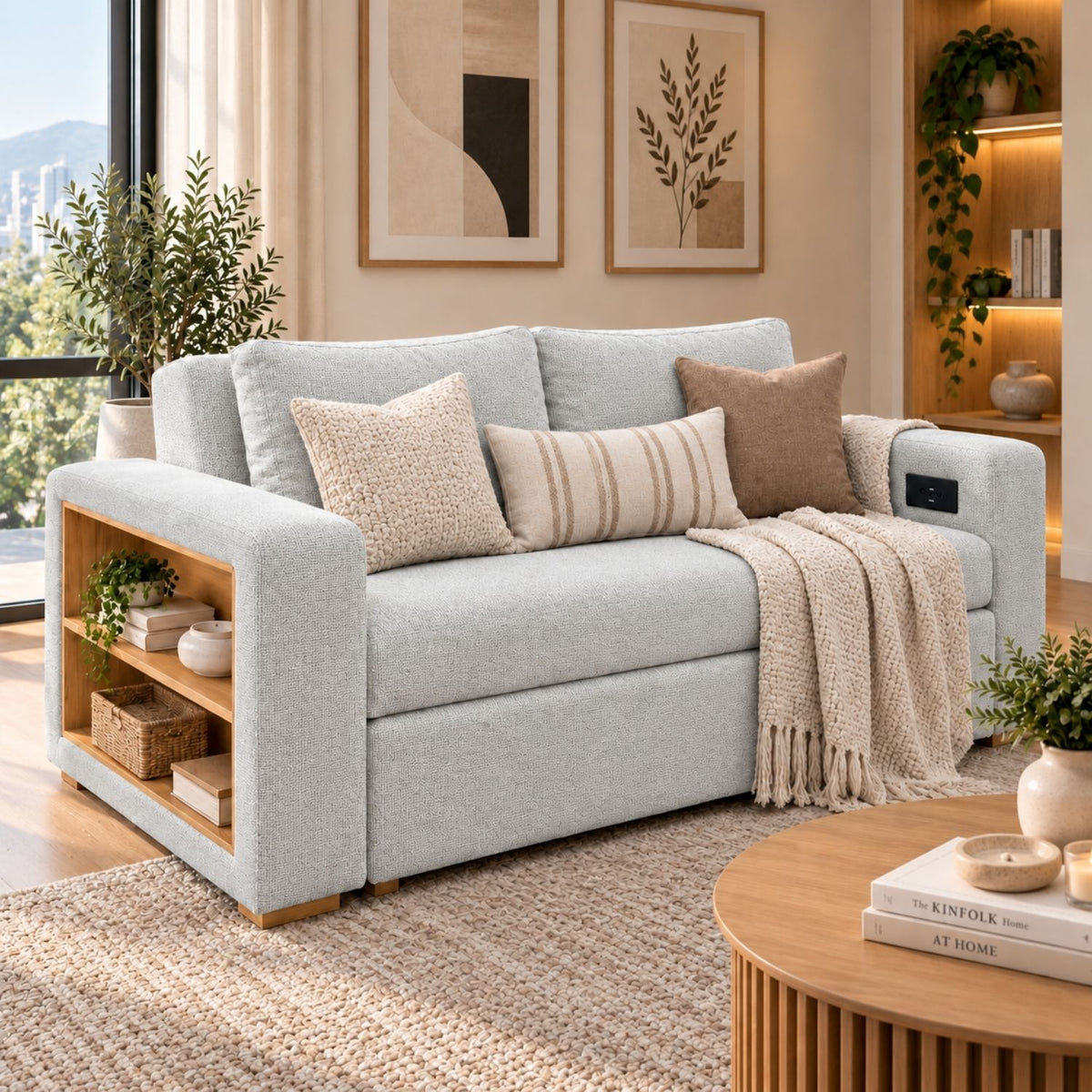 Sofa Cama Multifuncional Con Repisas, Conexión USB y Cama Auxiliar Koni Gris Perla