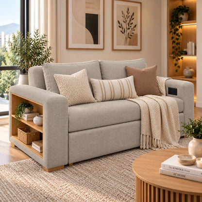 Sofa Cama Multifuncional Con Repisas, Conexión USB y Cama Auxiliar Koni Taupe