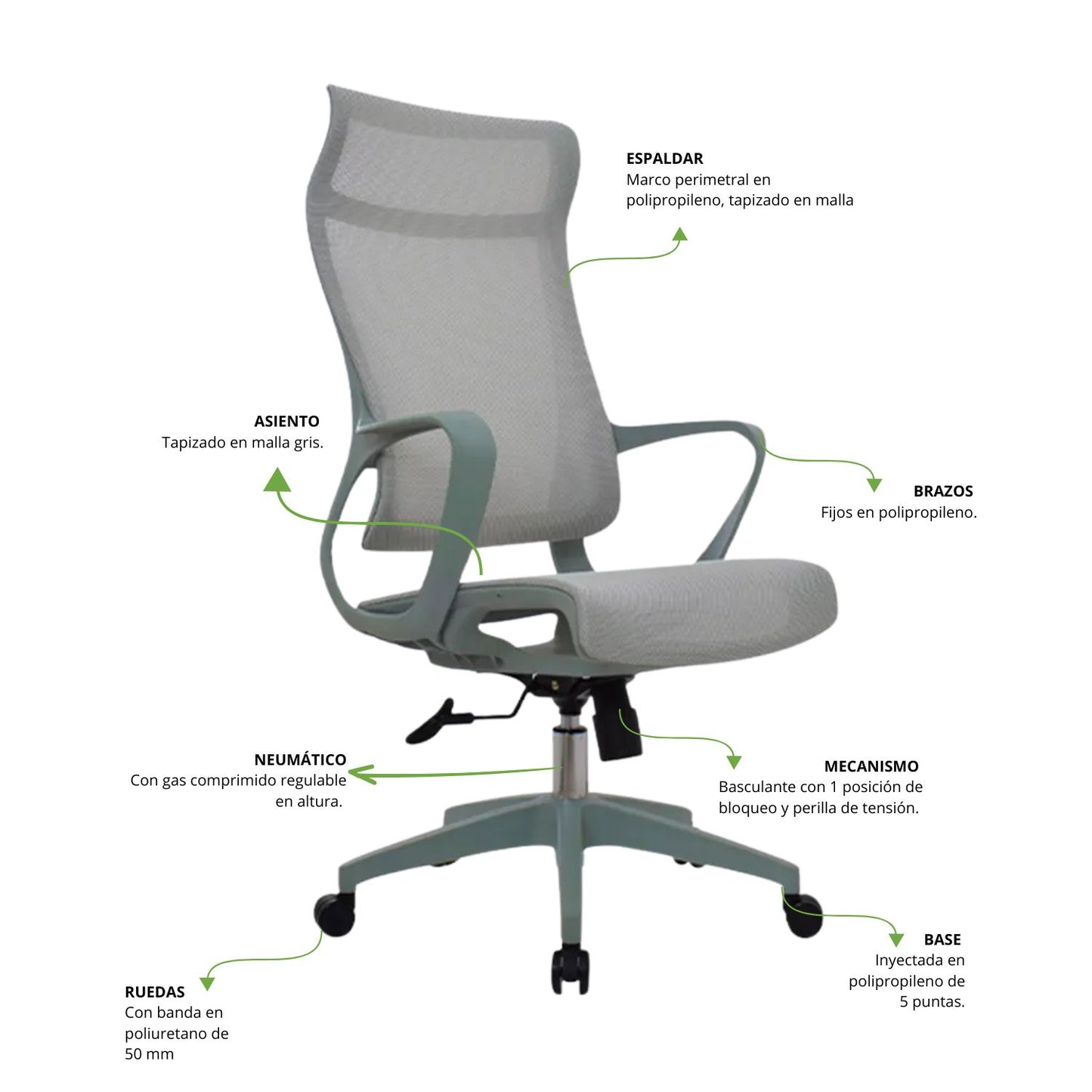 Silla De Oficina Slim Malla Presidente 139X48X52 Verde