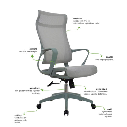 Silla De Oficina Slim Malla Presidente 139X48X52 Verde