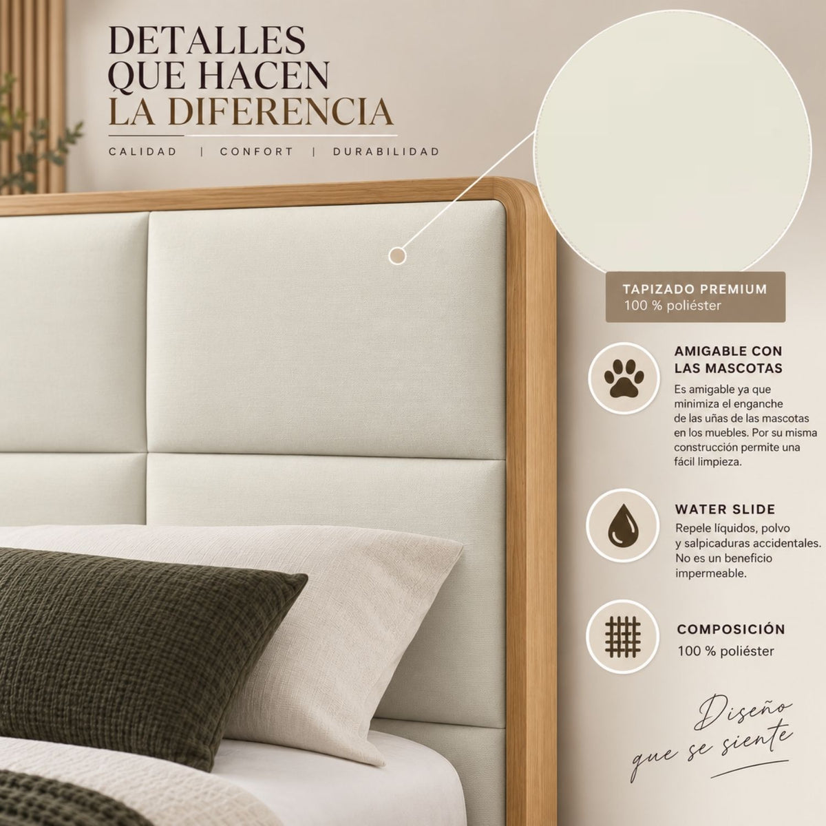 Cama Doble En Roble Taldy Con Mesas de Noche 140x190 Marfil