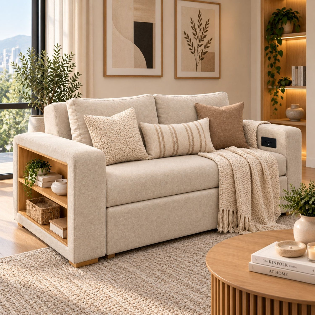 Sofa Cama Multifuncional Con Repisas, Conexión USB y Cama Auxiliar Koni Arena