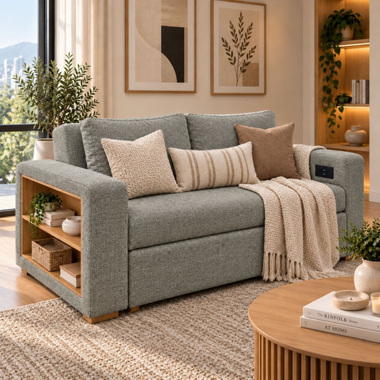 Sofa Cama Multifuncional Con Repisas, Conexión USB y Cama Auxiliar Koni Gris Plomo