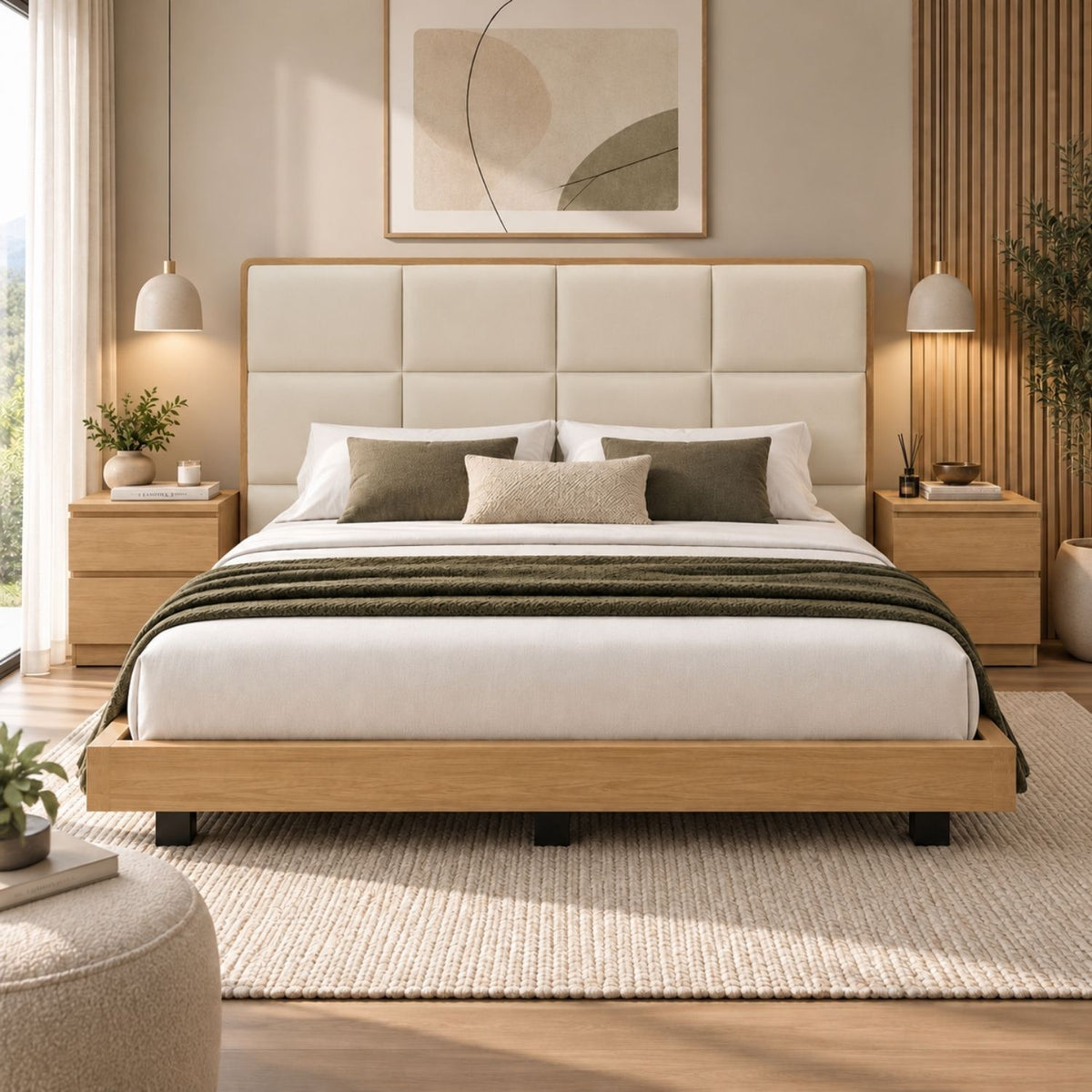 Cama Doble En Roble Taldy Con Mesas de Noche 140x190 Camel
