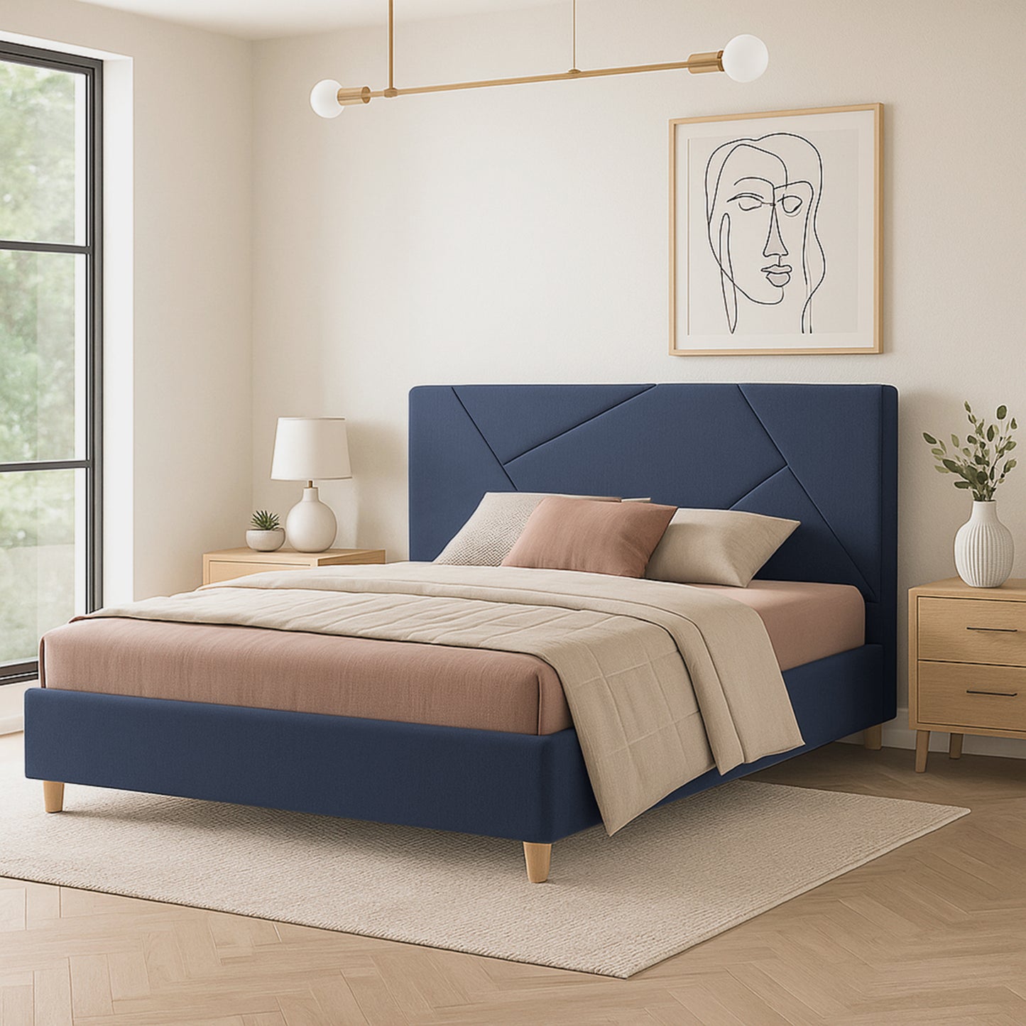 Base Cama Con Espaldar King Hampton Azul