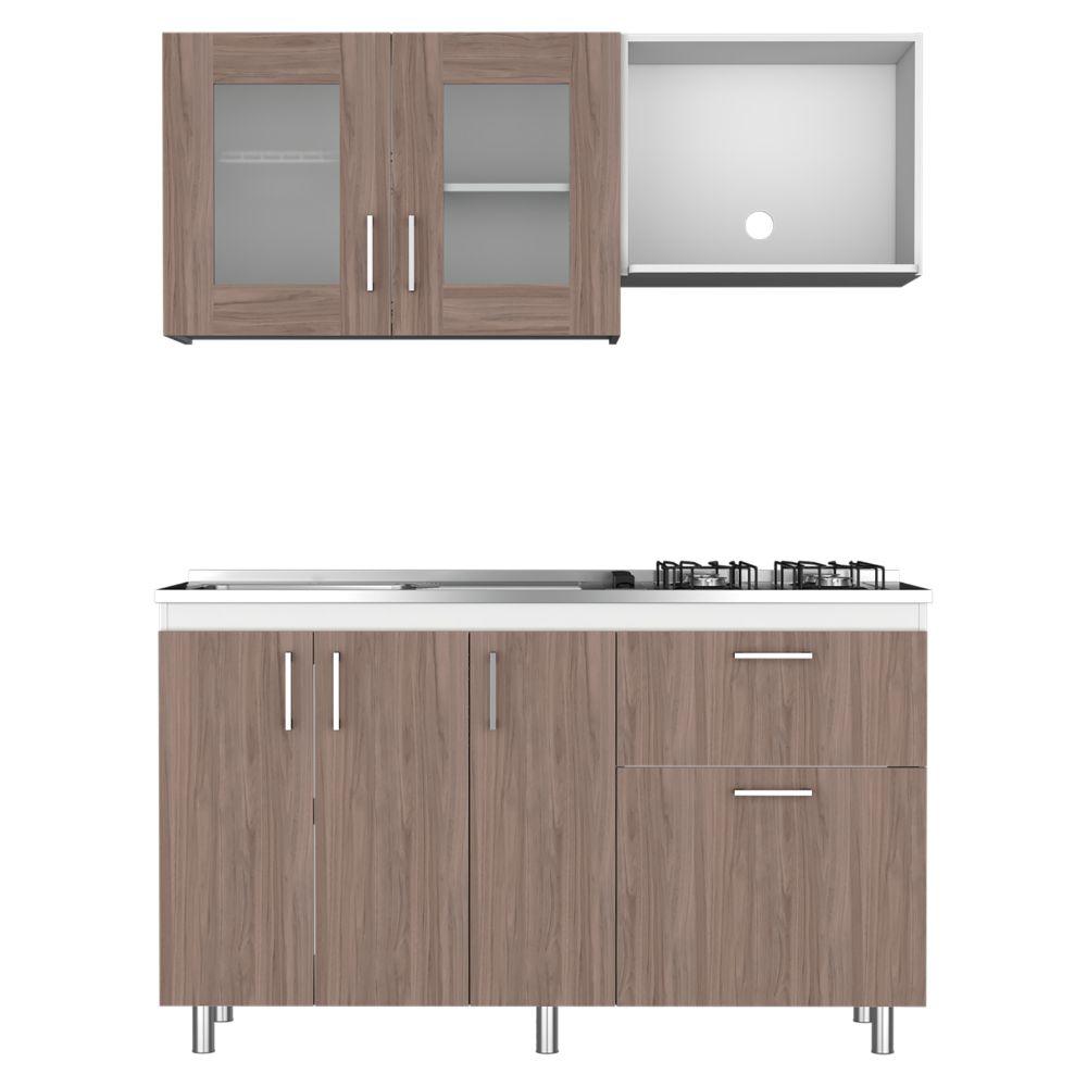 Cocina Integral Ponch Castaño Y Blanco Con Mesón Izquierdo
