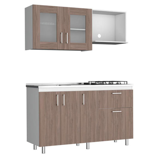 Cocina Integral Ponch Castaño Y Blanco Con Mesón Izquierdo