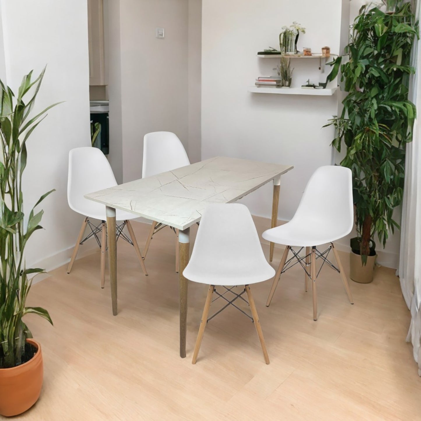 Juego de Comedor Premium Haby con 4 Sillas Eames blancas