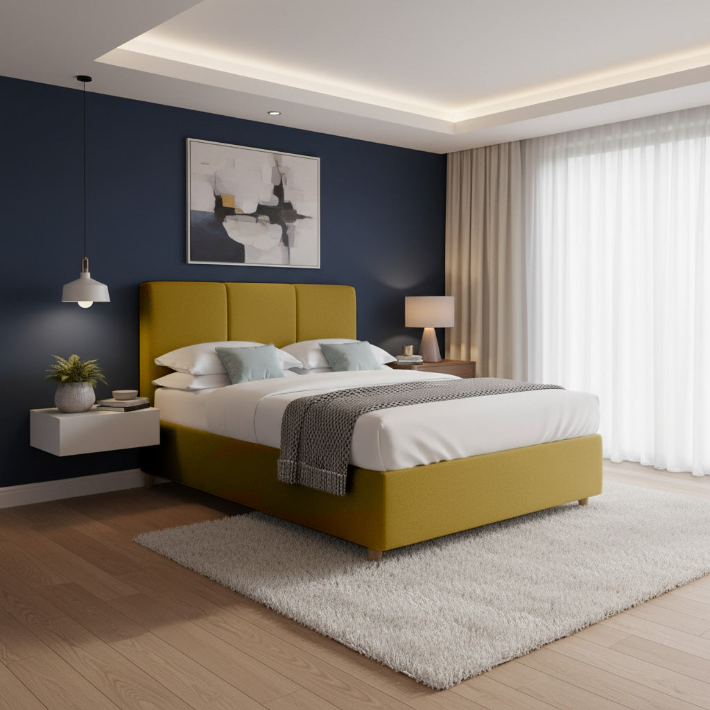 Base Cama Con Espaldar King Pretty  Mostaza