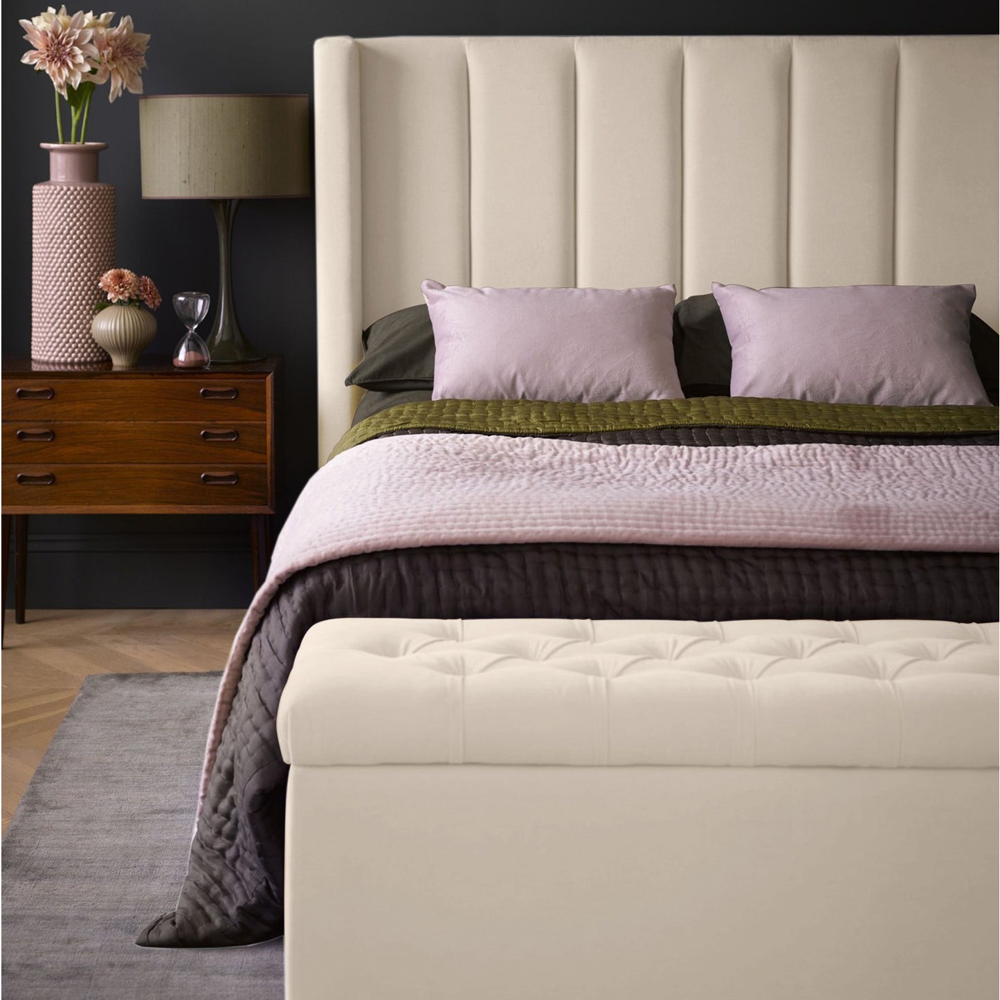 Base Cama con Espaldar + Colchon + Puff Baul Doble Julieta  beige
