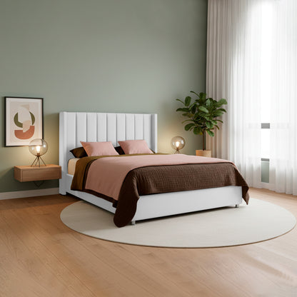 Base Cama con Espaldar + Colchon + Puff Baul Queen Julieta  blanco