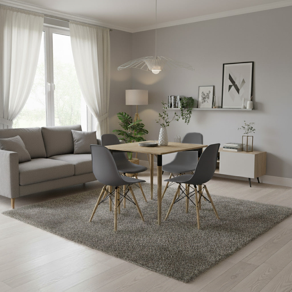 Juego de Comedor basic Madera con 4 Sillas Eames grises