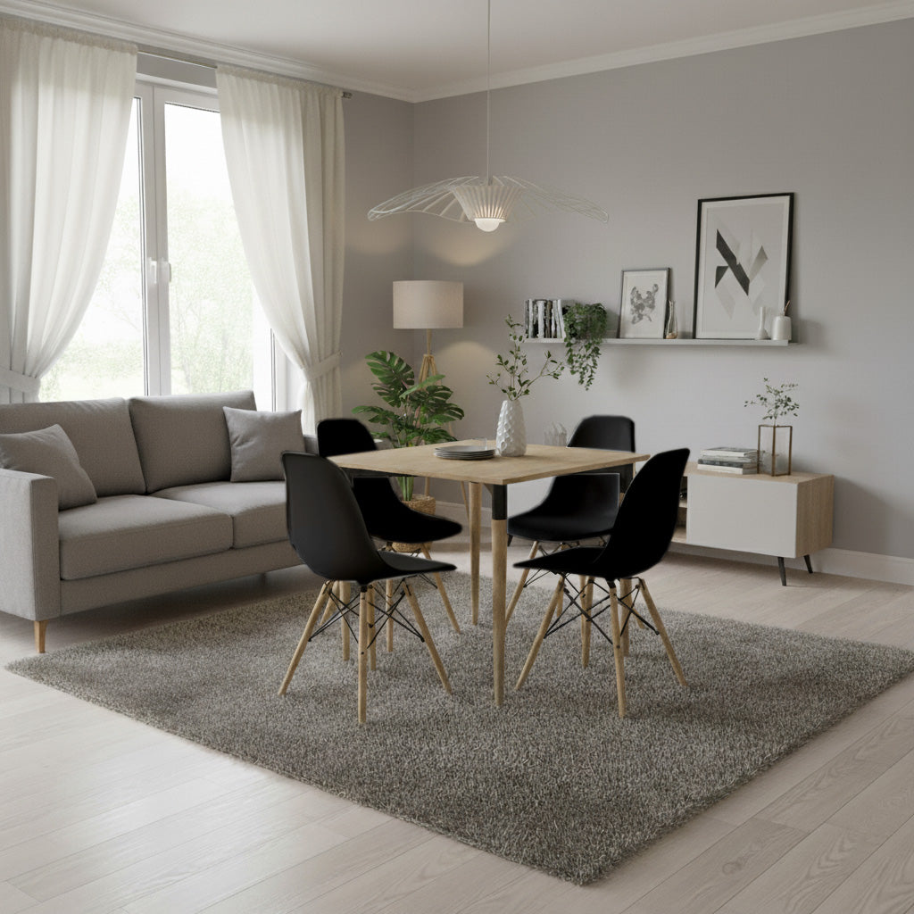 Juego de Comedor basic Madera con 4 Sillas Eames negras