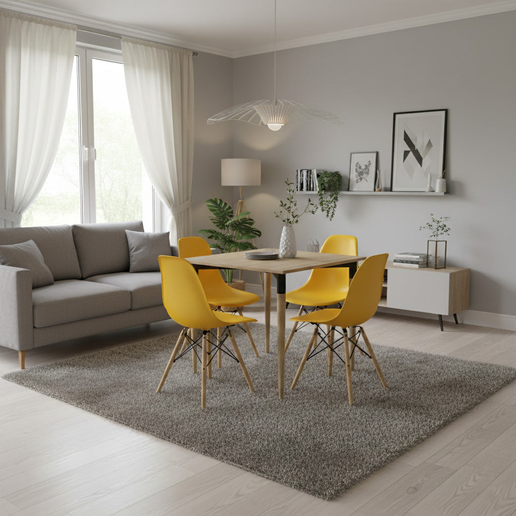 Juego de Comedor basic Madera con 4 Sillas Eames amarillas