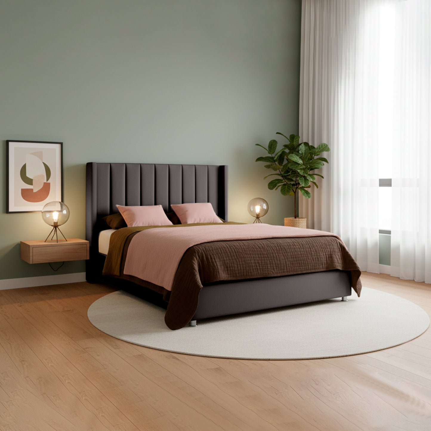 Base Cama con Espaldar + Colchon + Puff Baul Semidoble Julieta  cafe