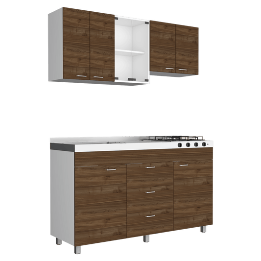 Cocina Integral Ilvona Castaño Y Blanco Con Mesón Izquierdo