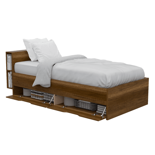 Cama Sencilla Illena, Cobre, Con Detalle Funcional En La Cabecera Para Libros Y Objetos Personales