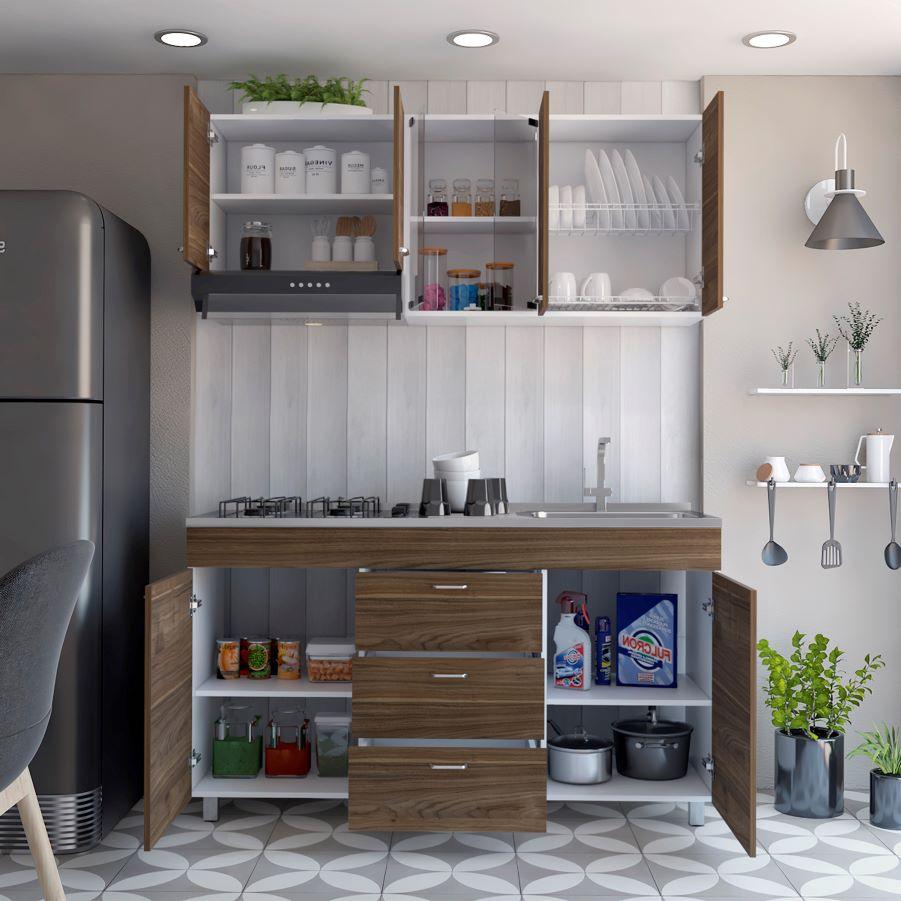 Cocina Integral Ilvona Castaño Y Blanco Con Mesón Derecho