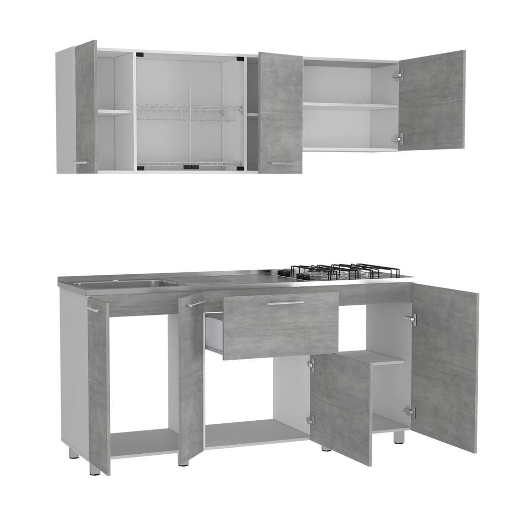Cocina Integral Lunaros Gris Y Blanco Con Mesón Izquierdo
