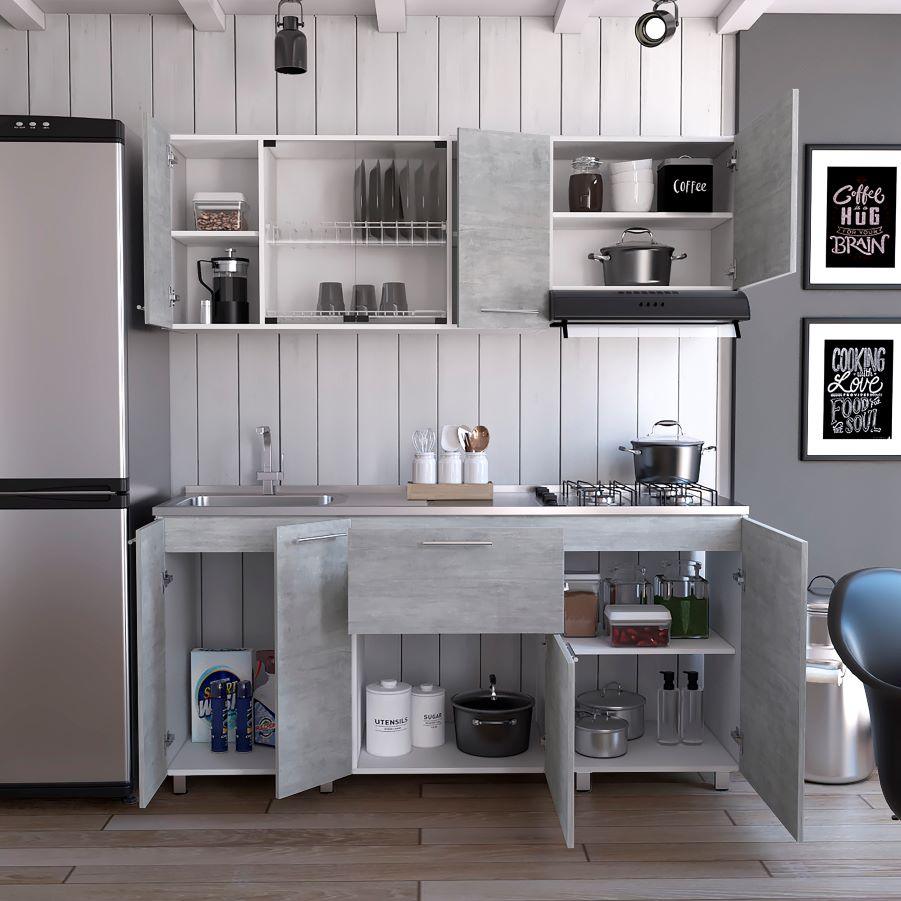 Cocina Integral Lunaros Gris Y Blanco Con Mesón Izquierdo