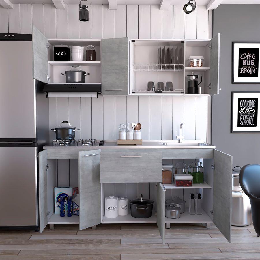 Cocina Integral Lunaros Gris Y Blanco Con Mesón Derecho