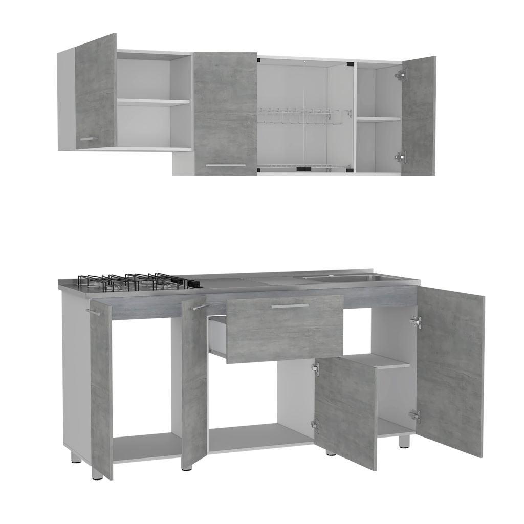 Cocina Integral Lunaros Gris Y Blanco Con Mesón Derecho