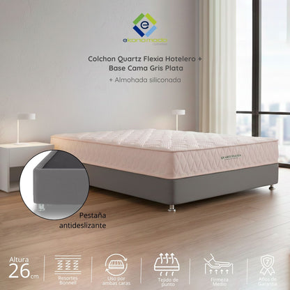 Colchón Firmeza Media Doble 140x190 Quartz Flexia + Base Cama Tapizada Tela Premium Gris