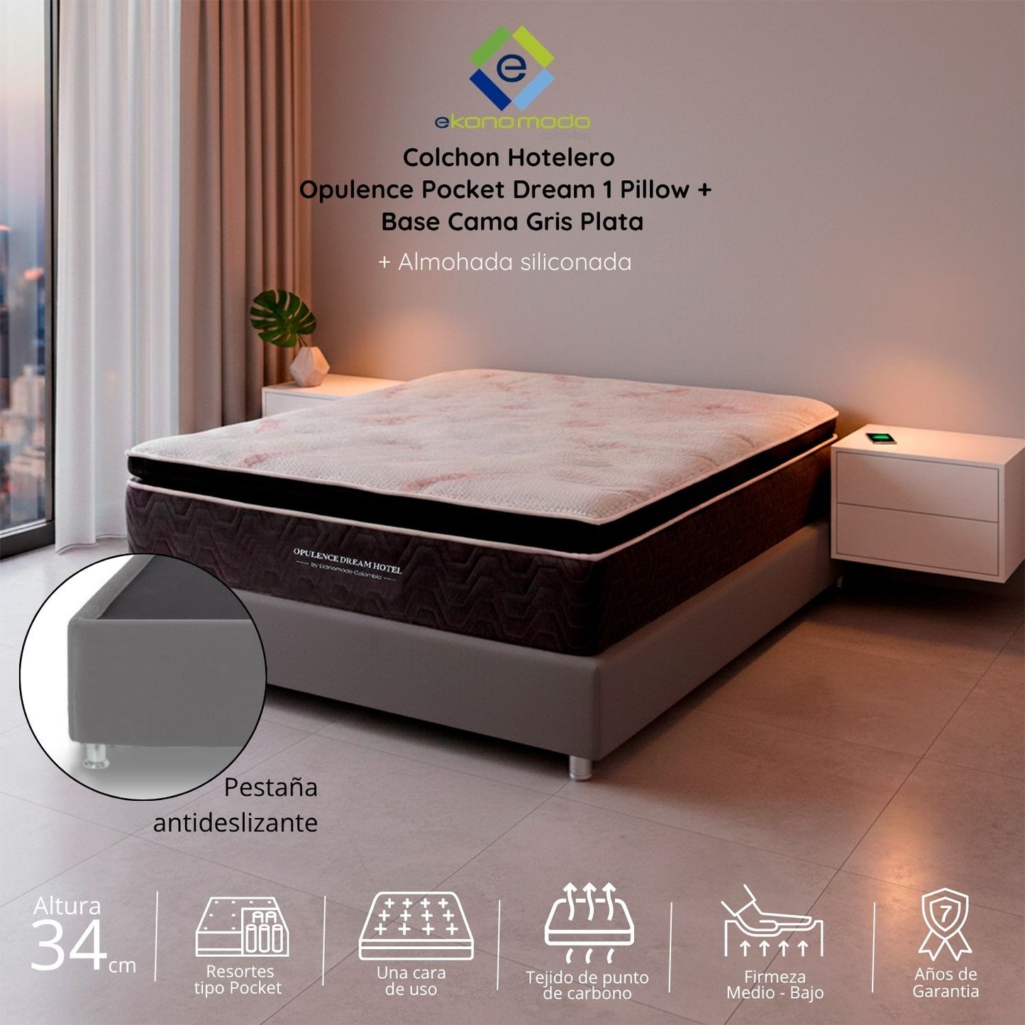 Colchón 1 Pillow Premium Semiortopédico Semidoble 120x190 Pocket Opulence Firmeza Media Baja + Base Cama Tapizada Tela Premium Gris